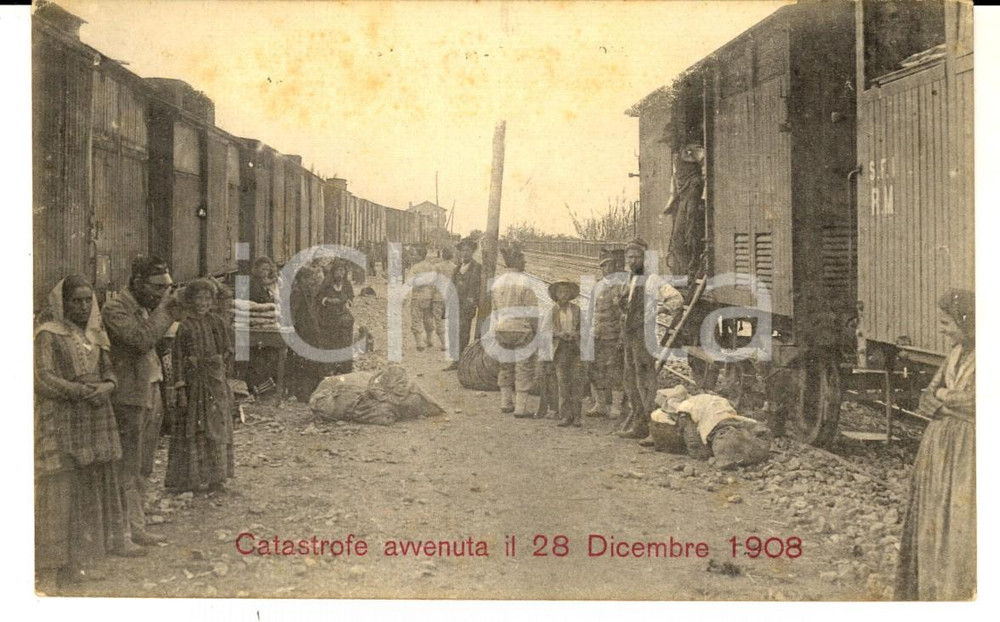 Cartolina originale da collezione 1908 TERREMOTO REGGIO CALABRIA Sfollati lungo i binari Cartolina ANIMATA 1