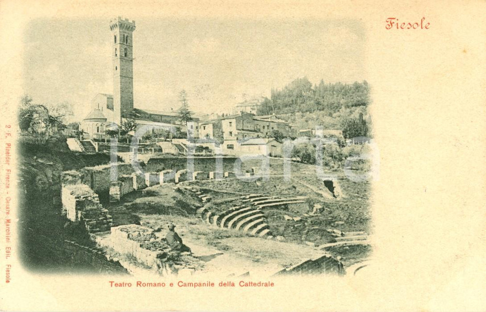 Cartolina originale da collezione 1900 ca FIESOLE (FI) Teatro romano e campanile della Cattedrale *Cartolina FP NV 1