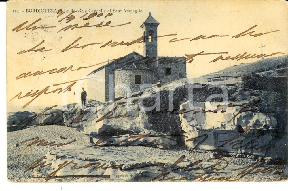 Cartolina originale da collezione 1906 BORDIGHERA (IM) Cappella di SANT'AMPELIO sulle rocce *Cartolina ANIMATA FP 1
