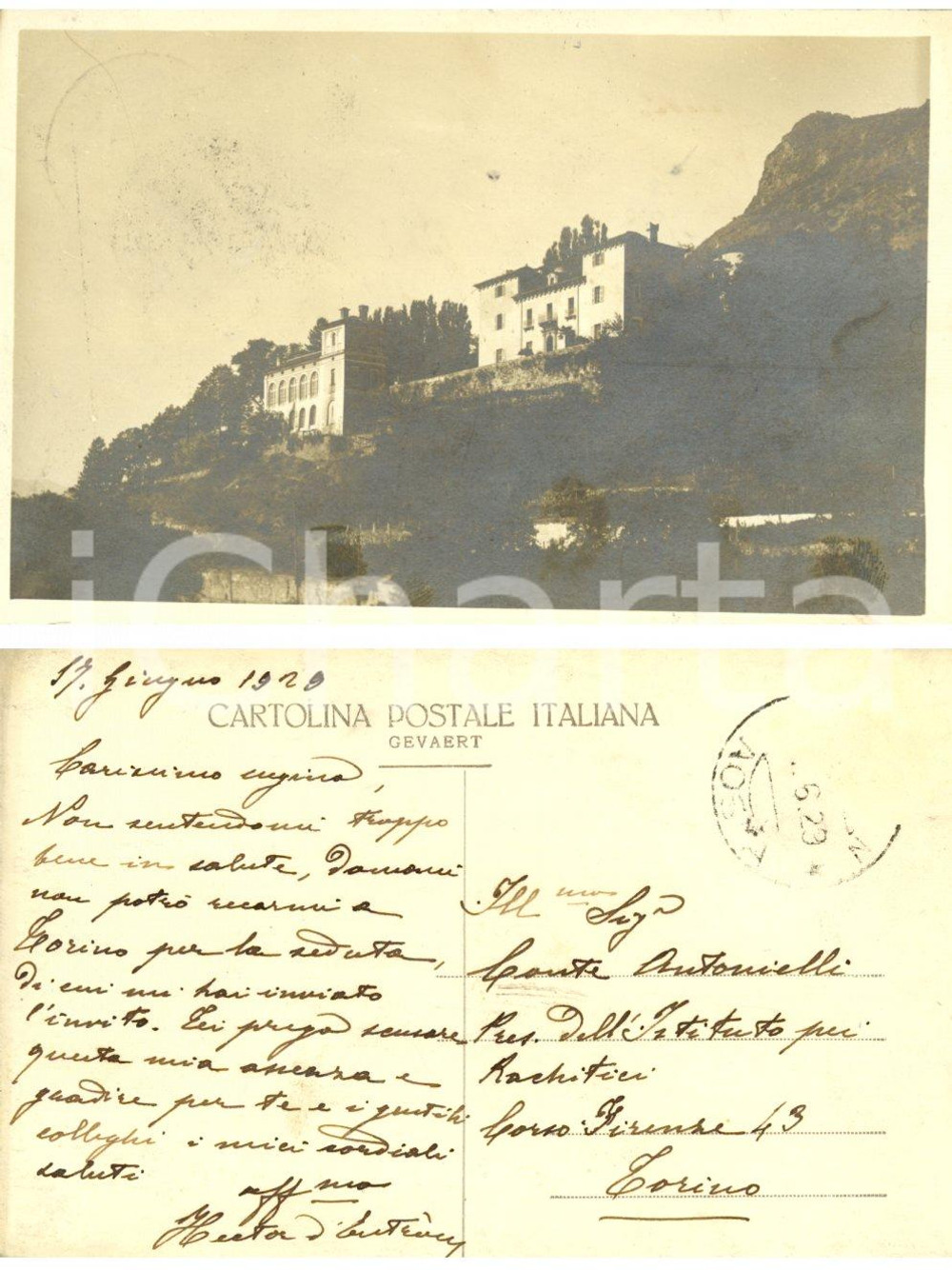 Autografo originale 1929 CHATILLON (AO) Ettore PASSERIN D'ENTREVES al conte ANTONIELLI *Cartolina 1
