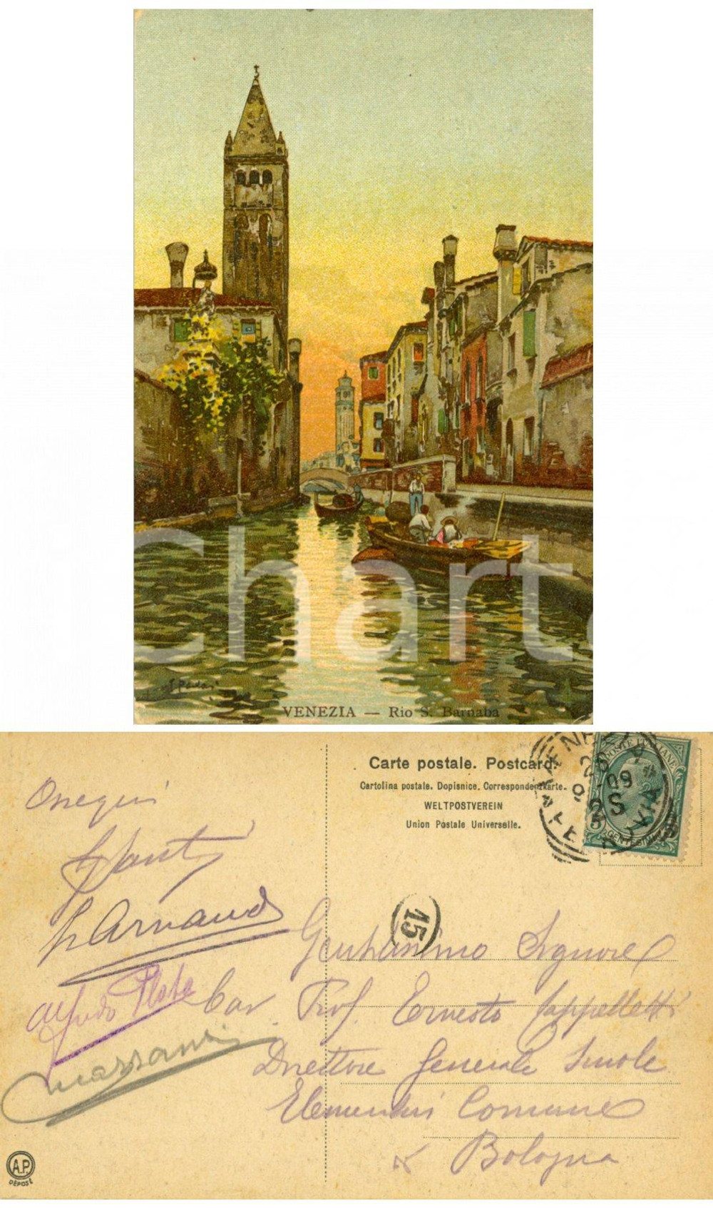Autografo originale 1909 VENEZIA Rio S. Barnaba *Luigi ARNAUD e Alfredo PLATA a Ernesto CAPPELLETTI 1