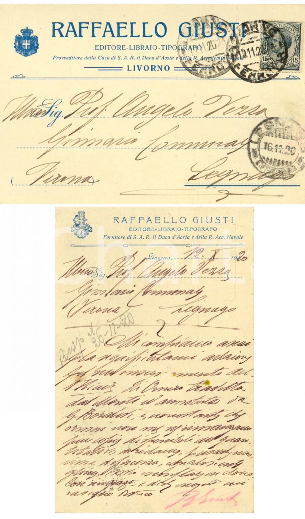 Autografo originale 1920 LIVORNO Raffaello GIUSTI editore al prof. Angelo VEZZA *Cartolina FP VG 1