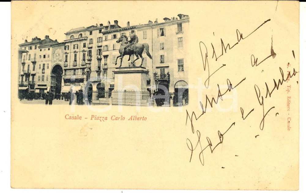 Cartolina originale da collezione 1899 CASALE MONFERRATO Piazza Carlo Alberto Gina VALLEGIA a Enrico LUGLI 1
