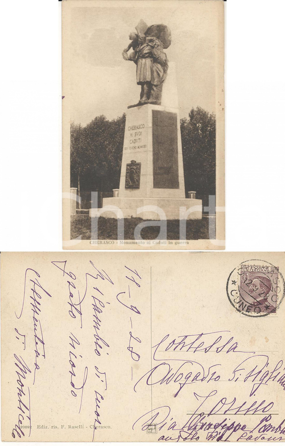 Autografo originale 1928 CHERASCO Monumento Caduti *Cartolina Clementina FALLETTI DI VILLAFALLETTO 1