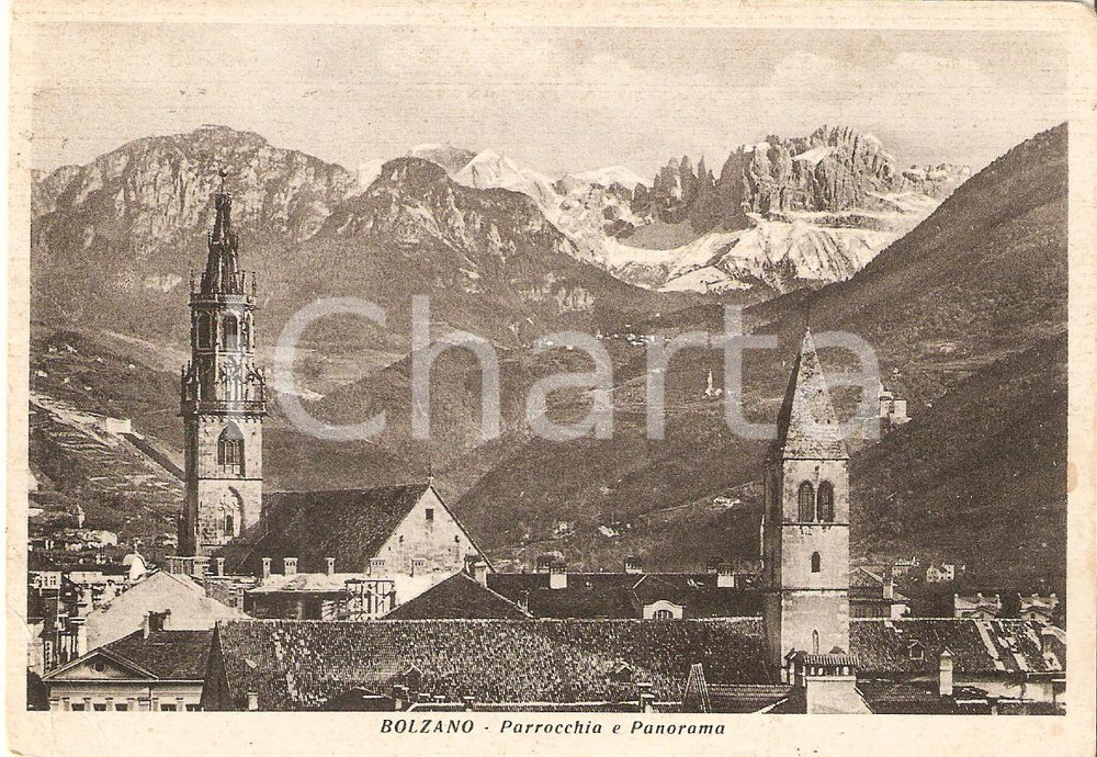 Cartolina originale da collezione 1953 BOLZANO Parrocchia e panorama Cartolina FG VG 1