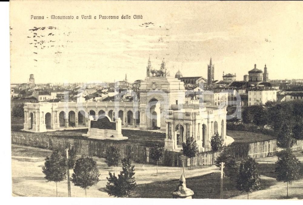 Cartolina originale da collezione 1923 PARMA Monumento a Verdi e panorama *Cartolina FRANCIOSINI a Erberto PAPINI 1
