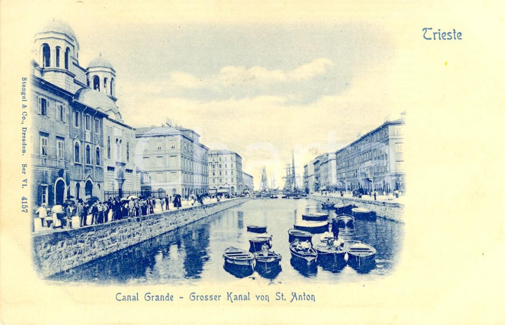 Cartolina originale da collezione 1900 ca TRIESTE Canal GRANDE con barche e SANT ANTONIO Cartolina ANIMATA FP NV 1