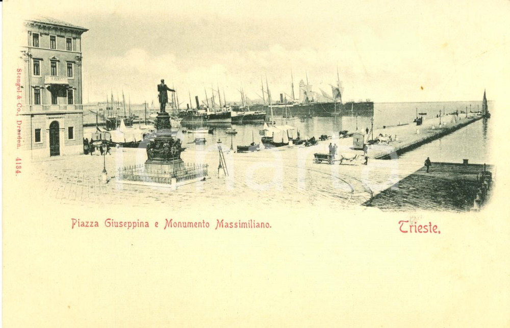 Cartolina originale da collezione 1900 ca TRIESTE Piazza GIUSEPPINA e Monumento MASSIMILIANO Cartolina ANIMATA 1