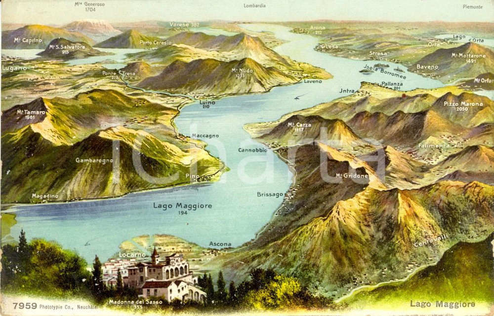 Cartolina originale da collezione 1920 ca Mappa fisica del LAGO MAGGIORE *Cartolina ILLUSTRATA FP NV 1