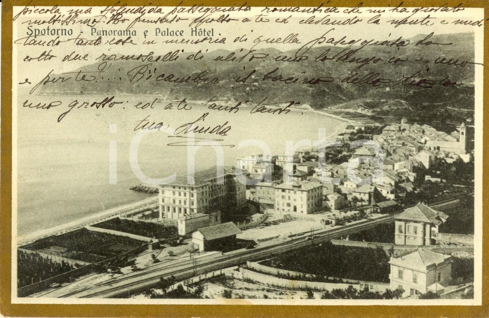 Cartolina originale da collezione 1920 SPOTORNO (SV) Panorama paese e lungomare con PALACE HOTEL *Cartolina FP VG 1