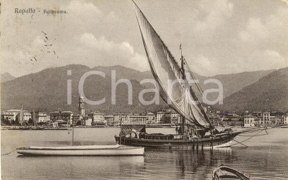Cartolina originale da collezione 1924 RAPALLO GE Barca a vela al largo del paese Cartolina ANIMATA FP VG 1