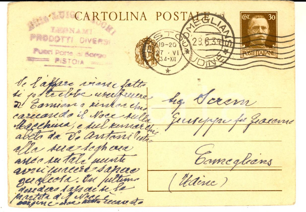 Cartolina originale da collezione 1934 PISTOIA Ditta Luigi VECCHI Legnami e prodotti *Cartolina postale FG VG 1