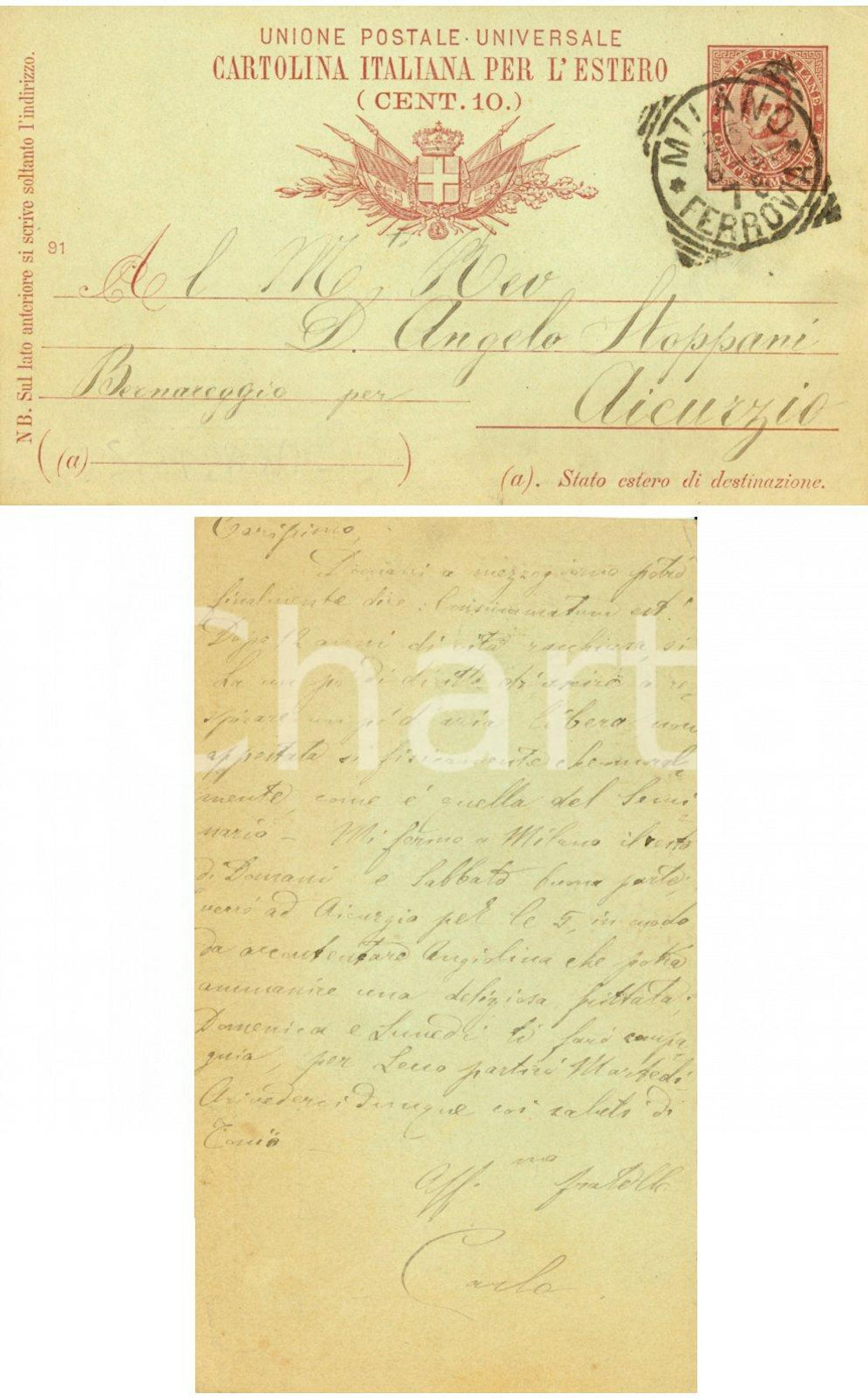 Autografo originale 1875 AICURZIO (MB) Carlo STOPPANI libero dall'aria appestata del seminario 1