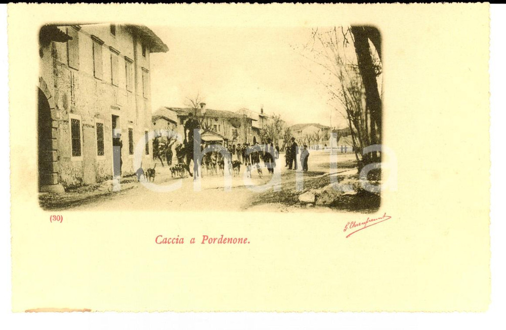 Cartolina originale da collezione 1900 ca PORDENONE Una battuta di caccia con i cani *Cartolina animata FP NV 1