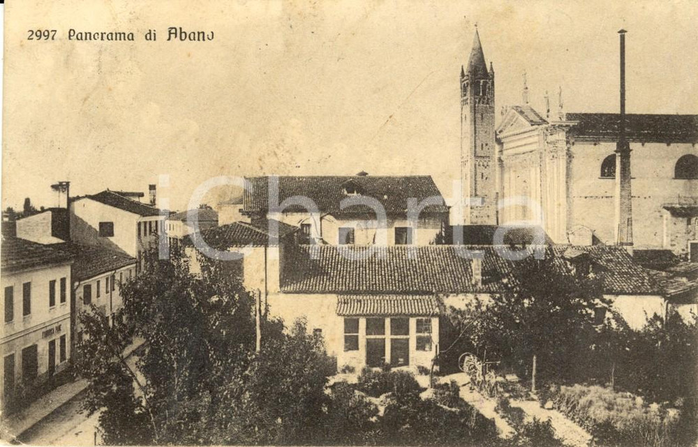 Cartolina originale da collezione 1913 ABANO TERME (PD) Panorama del paese con la chiesa *Cartolina FP VG 1