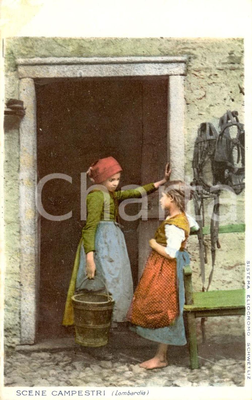 Cartolina originale da collezione 1900 ca AREA LOMBARDA Scene campestri in abiti tradizionali *Cartolina FP NV 1