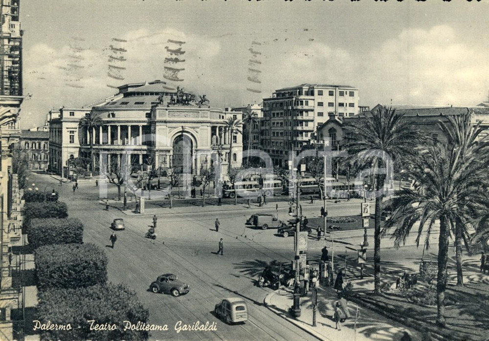 Cartolina originale da collezione 1955 PALERMO Teatro POLITEAMA GARIBALDI *Cartolina ANIMATA con auto FG VG 1