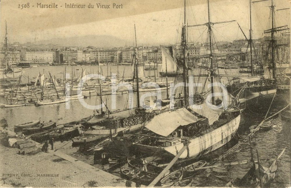 Cartolina originale da collezione 1908 MARSEILLE FRANCE InteriÃ©ur du Vieux Port Cartolina ANIMATA con barche VG 1