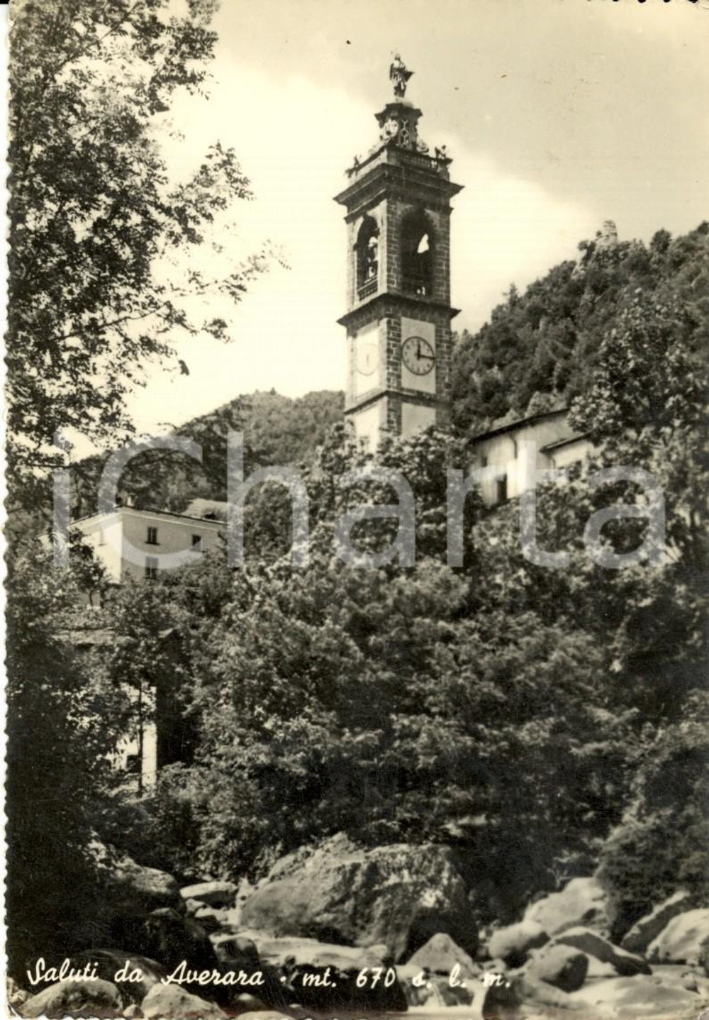 Cartolina originale da collezione 1950 ca AVERARA (BG) Veduta chiesa e torrente MORA *Cartolina postale FG VG 1