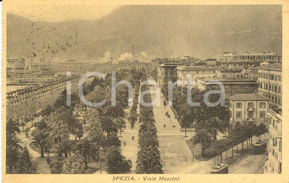 Cartolina originale da collezione 1930 LA SPEZIA Veduta Viale MAZZINI dall alto Cartolina ANIMATA con tram FP VG 1