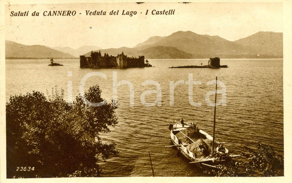 Cartolina originale da collezione 1938 CANNERO (VB) Veduta Lago MAGGIORE e castelli *Cartolina ANIMATA con barca 1