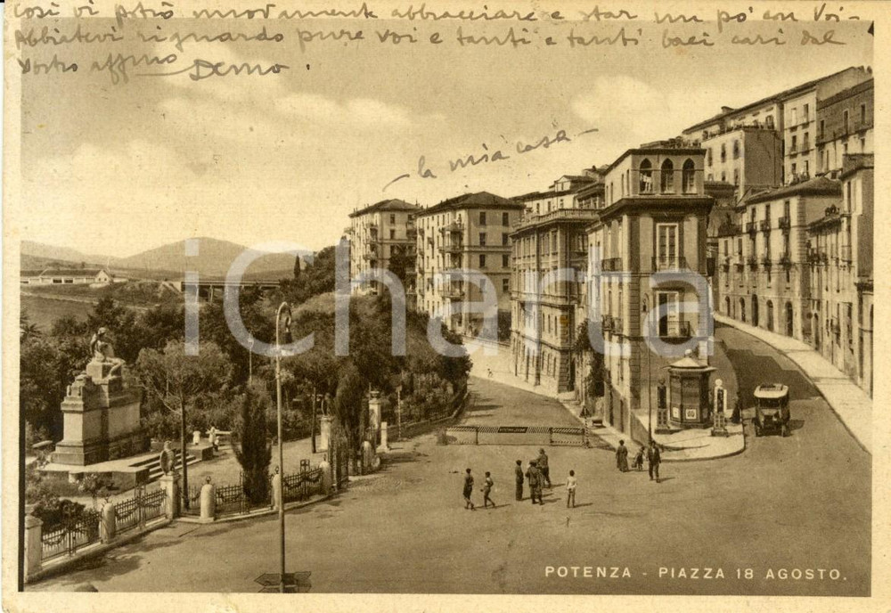 Cartolina originale da collezione 1940 POTENZA Veduta di Piazza XVIII AGOSTO Cartolina ANIMATA con auto FG VG 1