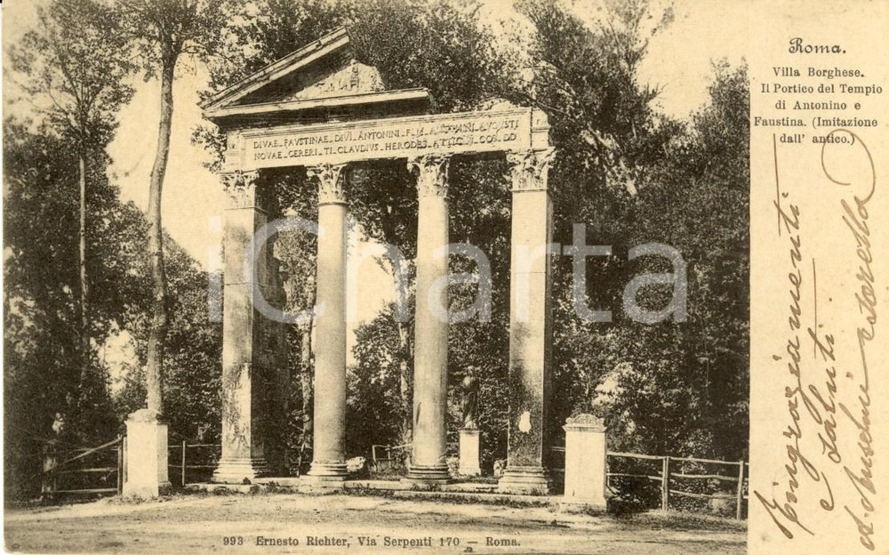 Cartolina originale da collezione 1904 ROMA Portico Tempio ANTONINO e FAUSTINA a Villa BORGHESE *Cartolina FP VG 1