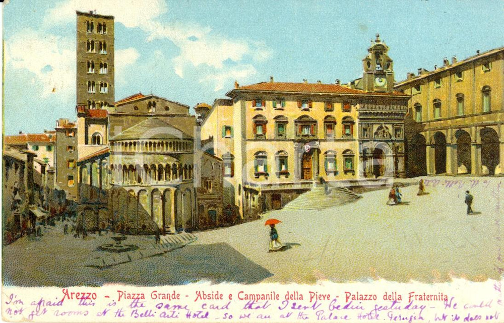 Cartolina originale da collezione 1911 AREZZO Piazza GRANDE con Palazzo della FRATERNITA' *Cartolina ANIMATA FP VG 1