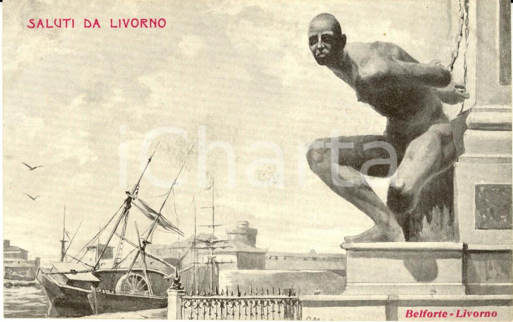 Cartolina originale da collezione 1925 ca LIVORNO Particolare Monumento QUATTRO MORI Cartolina ANIMATA con barca 1