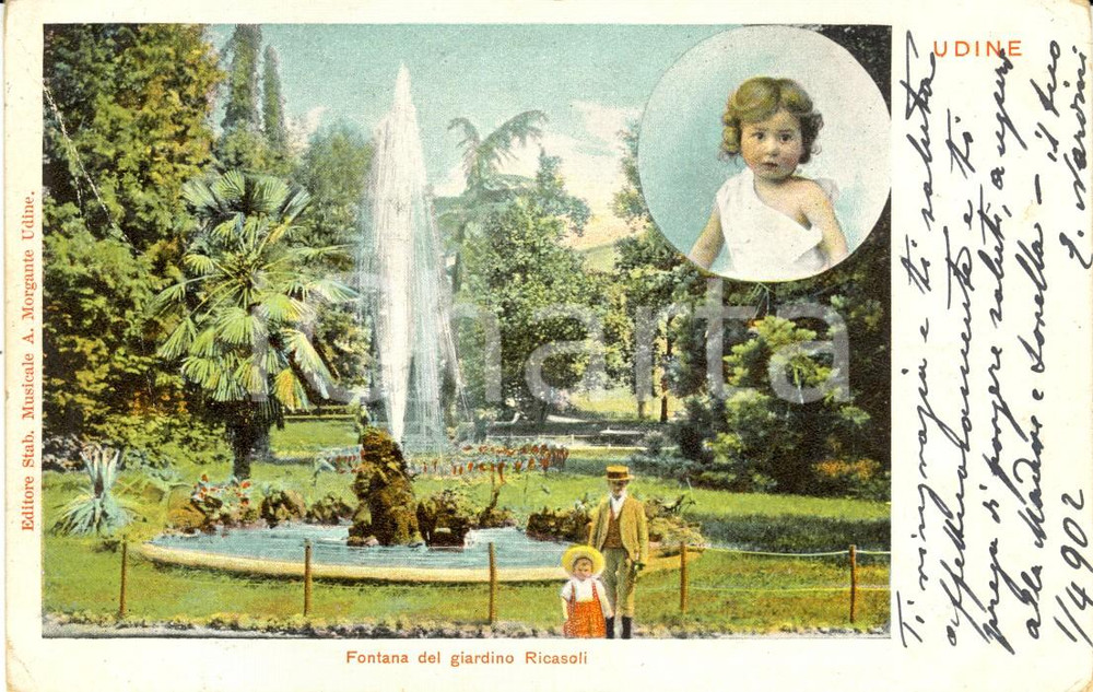 Cartolina originale da collezione 1902 UDINE Veduta fontana del giardino RICASOLI *Cartolina ANIMATA FP VG 1