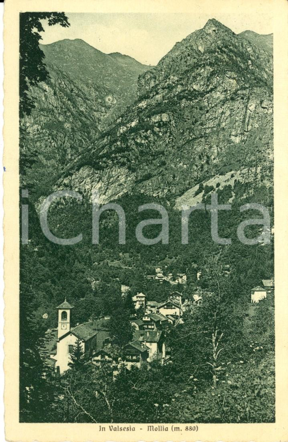 Cartolina originale da collezione 1958 MOLLIA (VC) Veduta del paese e della VALSESIA *Cartolina FP VG 1