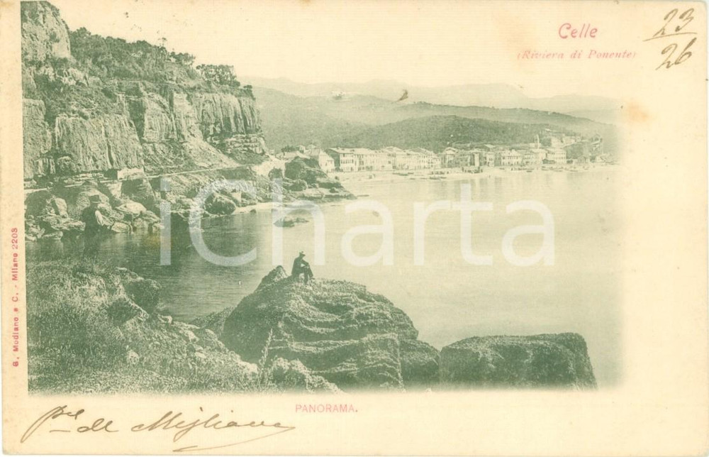Cartolina originale da collezione 1900 ca CELLE LIGURE (SV) Uomo sulla scogliera e panorama *Cartolina FP VG 1