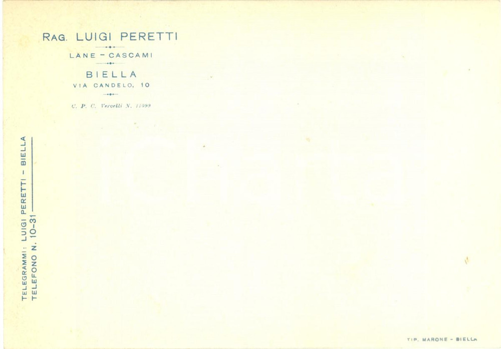 Cartolina originale da collezione 1950 BIELLA Lane cascami Rag. Luigi PERETTI *Cartolina commerciale FG VG 1