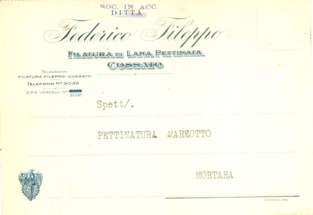 Cartolina originale da collezione 1953 COSSATO (BI) Lana pettinata Federico FILEPPO *Cartolina commerciale FG VG 1