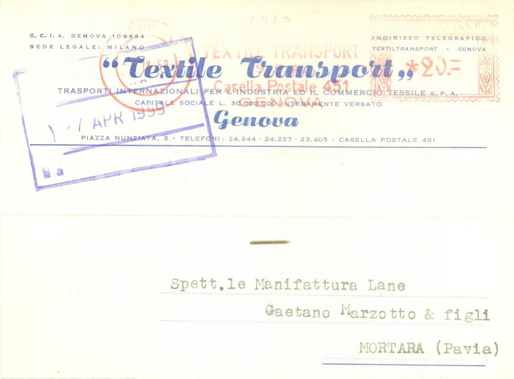 Cartolina originale da collezione 1959 GENOVA Trasporti Internazionali TEXTILE TRANSPORT *Cartolina commerciale FG 1