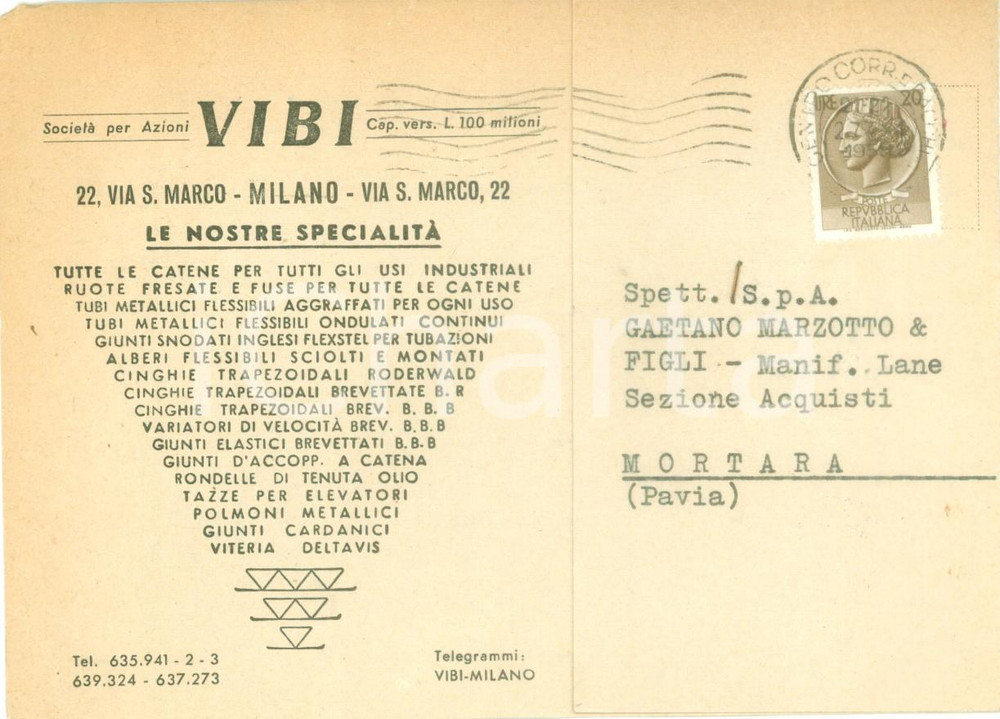 Cartolina originale da collezione 1958 MILANO Catene industriali VIBI Cartolina commerciale FG VG 1