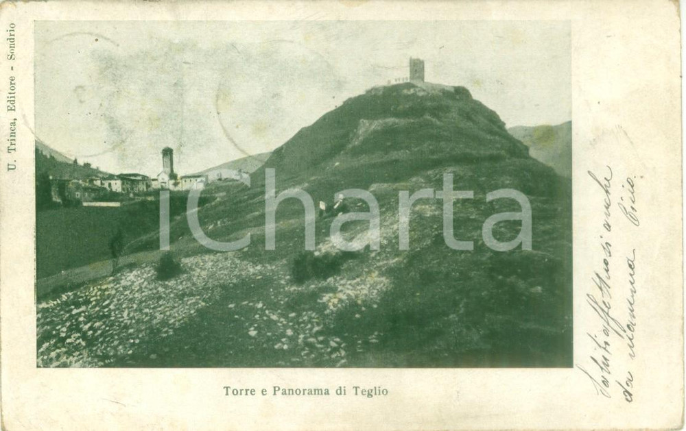 Cartolina originale da collezione 1905 ca TEGLIO (SO) Torre de li beli miri e panorama *Cartolina FP VG 1