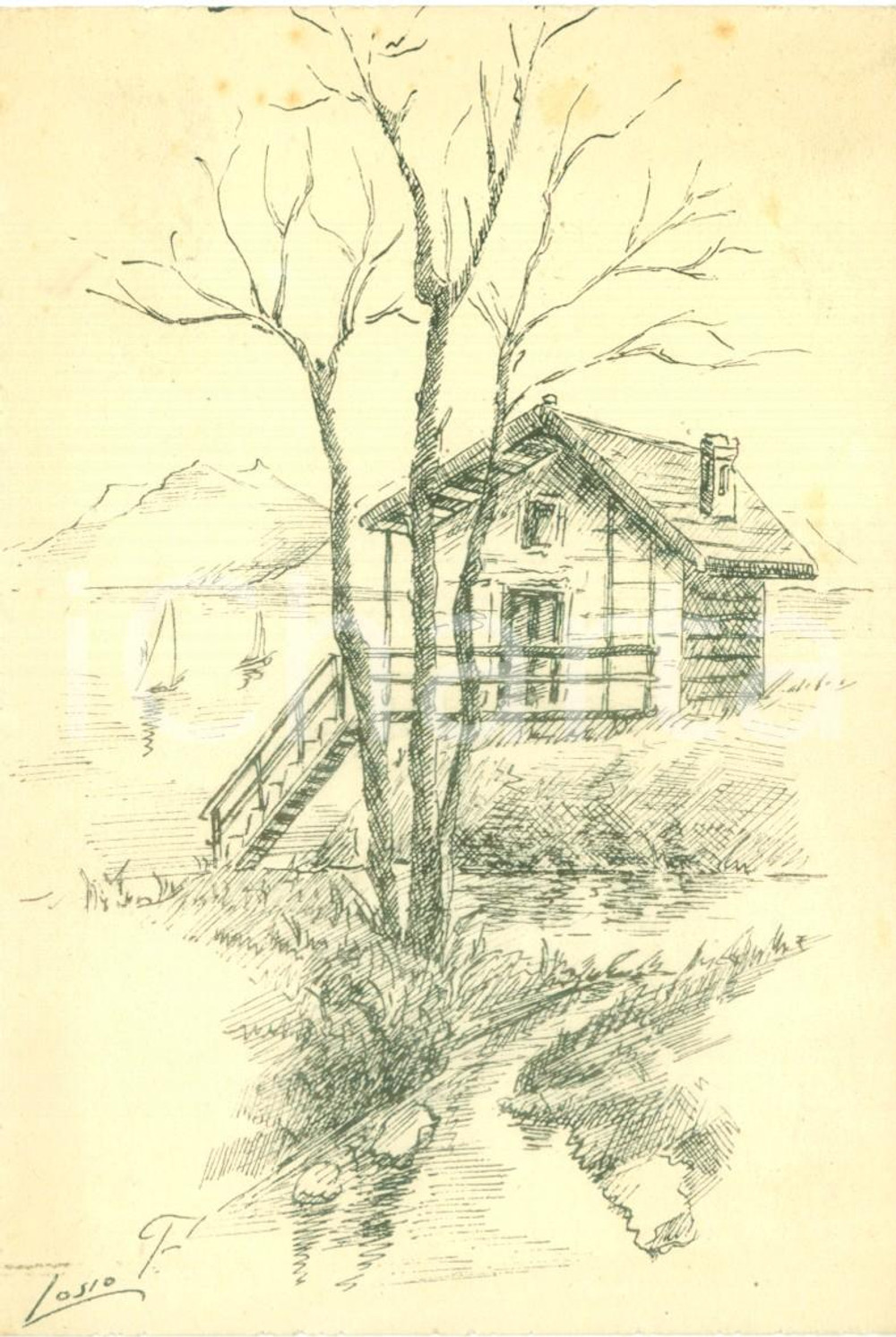 Cartolina originale da collezione 1935 ca Capanna sul fiume in primavera Illustrata LOSIO *Cartolina FG NV 1