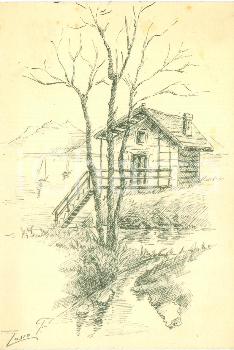 Cartolina originale da collezione 1935 ca Capanna sul fiume in primavera Illustrata LOSIO Cartolina FG NV 1