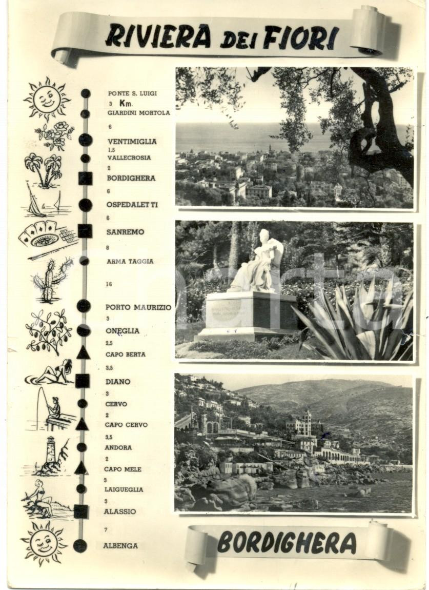 Cartolina originale da collezione 1956 BORDIGHERA (IM) Vedutine scorcio paese statua Regina MARGHERITA *FG VG 1