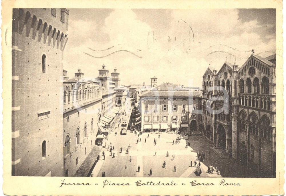 Cartolina originale da collezione 1941 FERRARA Panoramica Piazza CATTEDRALE e Corso ROMA Cartolina ANIMATA FG VG 1