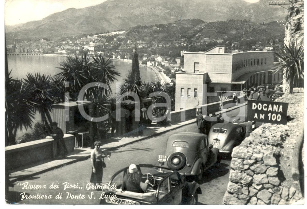 Cartolina originale da collezione 1951 VENTIMIGLIA IM Automobili a frontiera PONTE SAN LUIGI a GRIMALDI ANIMATA 1