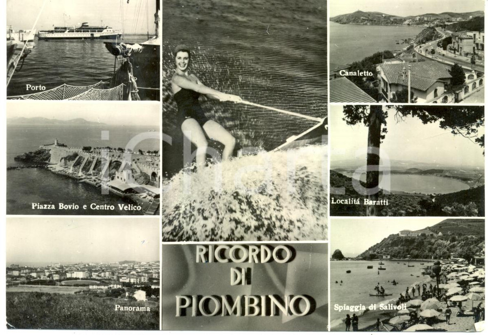 Cartolina originale da collezione 1962 PIOMBINO Vedutine PORTO piazza BOVIO centro velico SALIVOLI ANIMATA FG VG 1