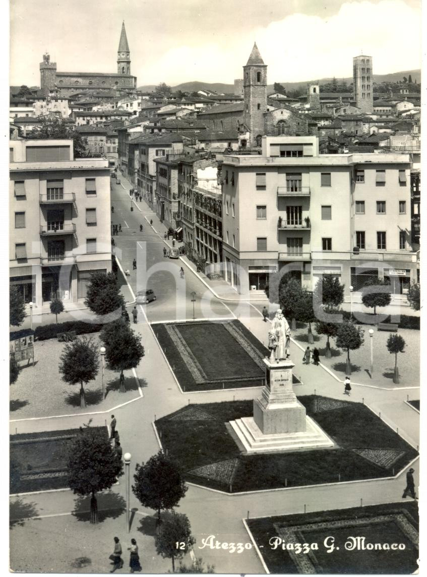Cartolina originale da collezione 1959 AREZZO Veduta aerea statua a Guido MONACO Cartolina ANIMATA 1
