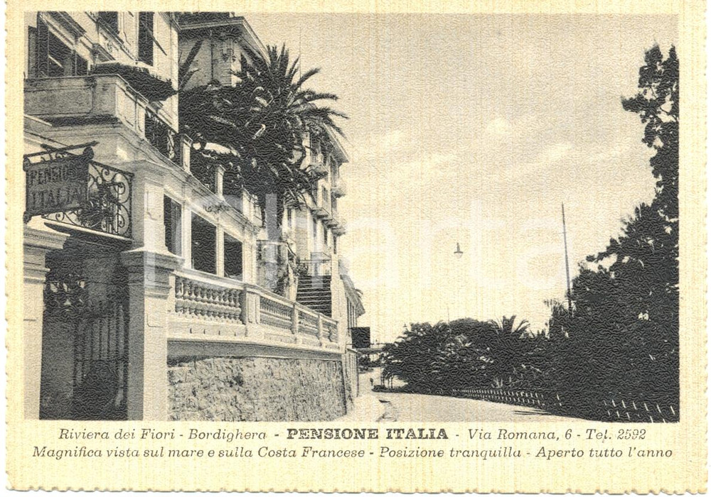 Cartolina originale da collezione 1940 ca BORDIGHERA IM Pensione ITALIA Riviera dei Fiori Cartolina FG NV 1