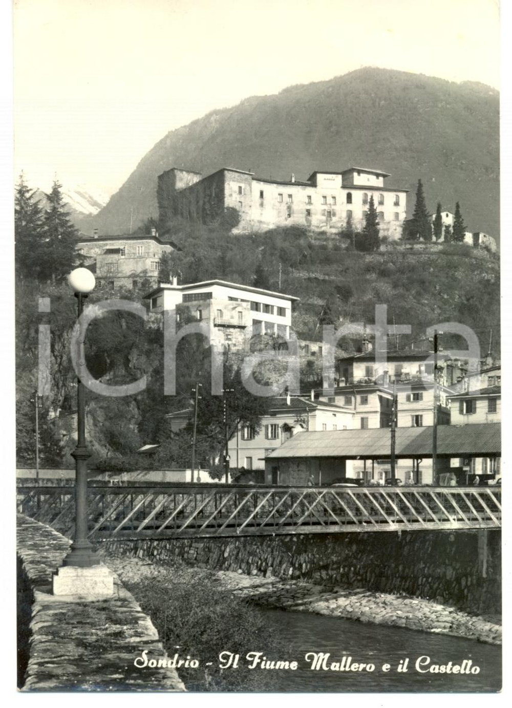 Cartolina originale da collezione 1963 SONDRIO Il Fiume MALLERO e il Castello *Cartolina FG VG 1