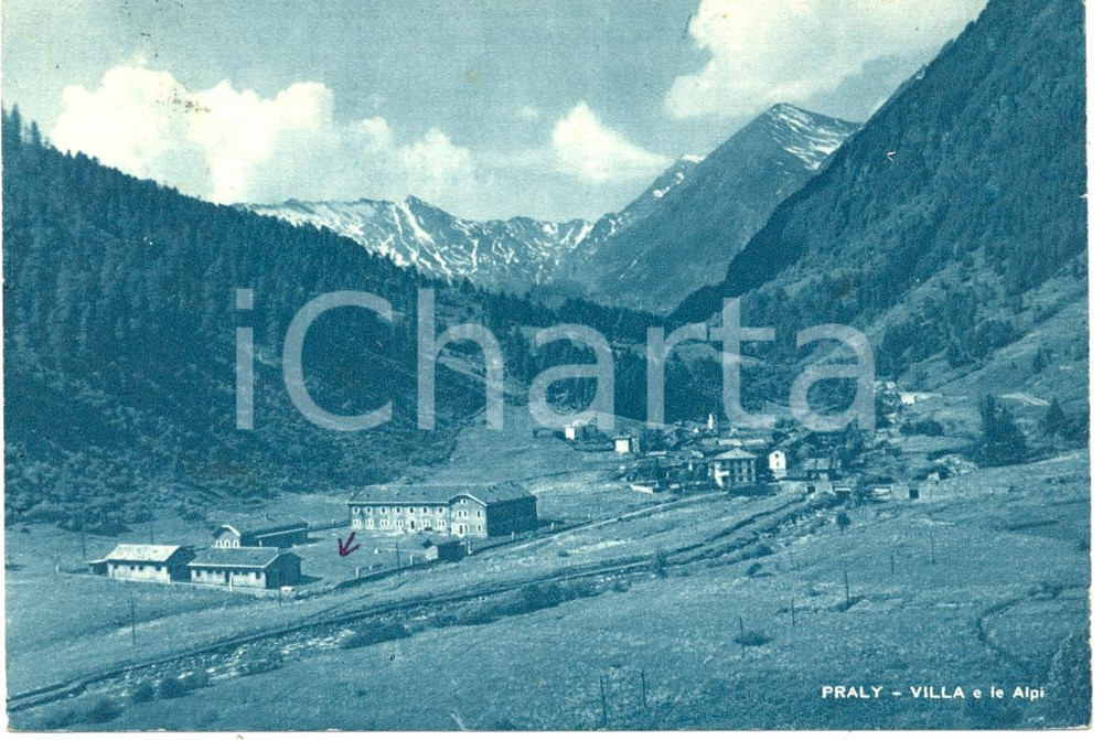 Cartolina originale da collezione 1953 PRALI (TO) Veduta panoramica del paese e ALPI *Cartolina FG VG 1