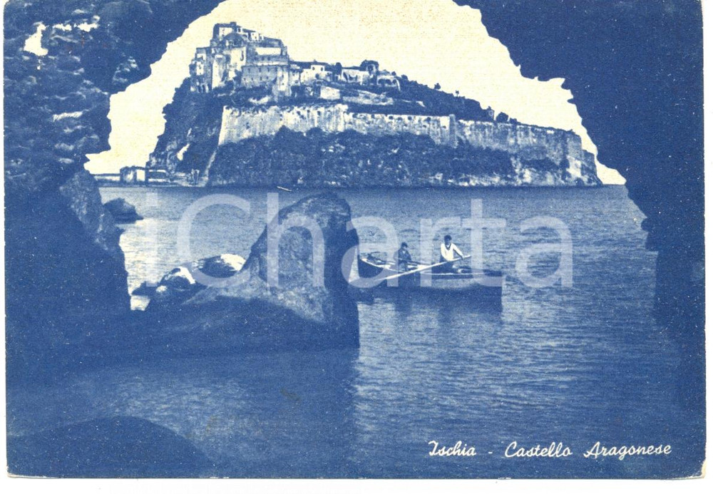 Cartolina originale da collezione 1954 ISCHIA NA Barca a remi presso Castello ARAGONESE Cartolina ANIMATA FG VG 1