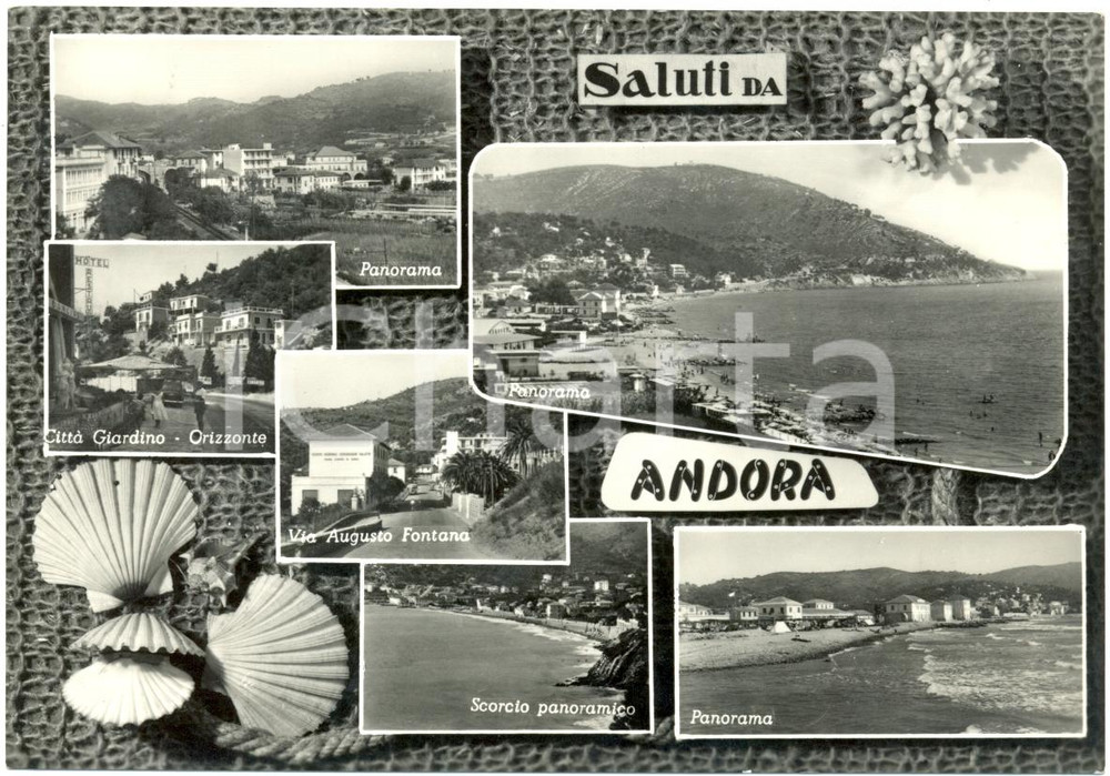 Cartolina originale da collezione 1950 ca ANDORA SV Vedutine Panorama CittÃ  GIARDINO e fontana Cartolina FG VG 1