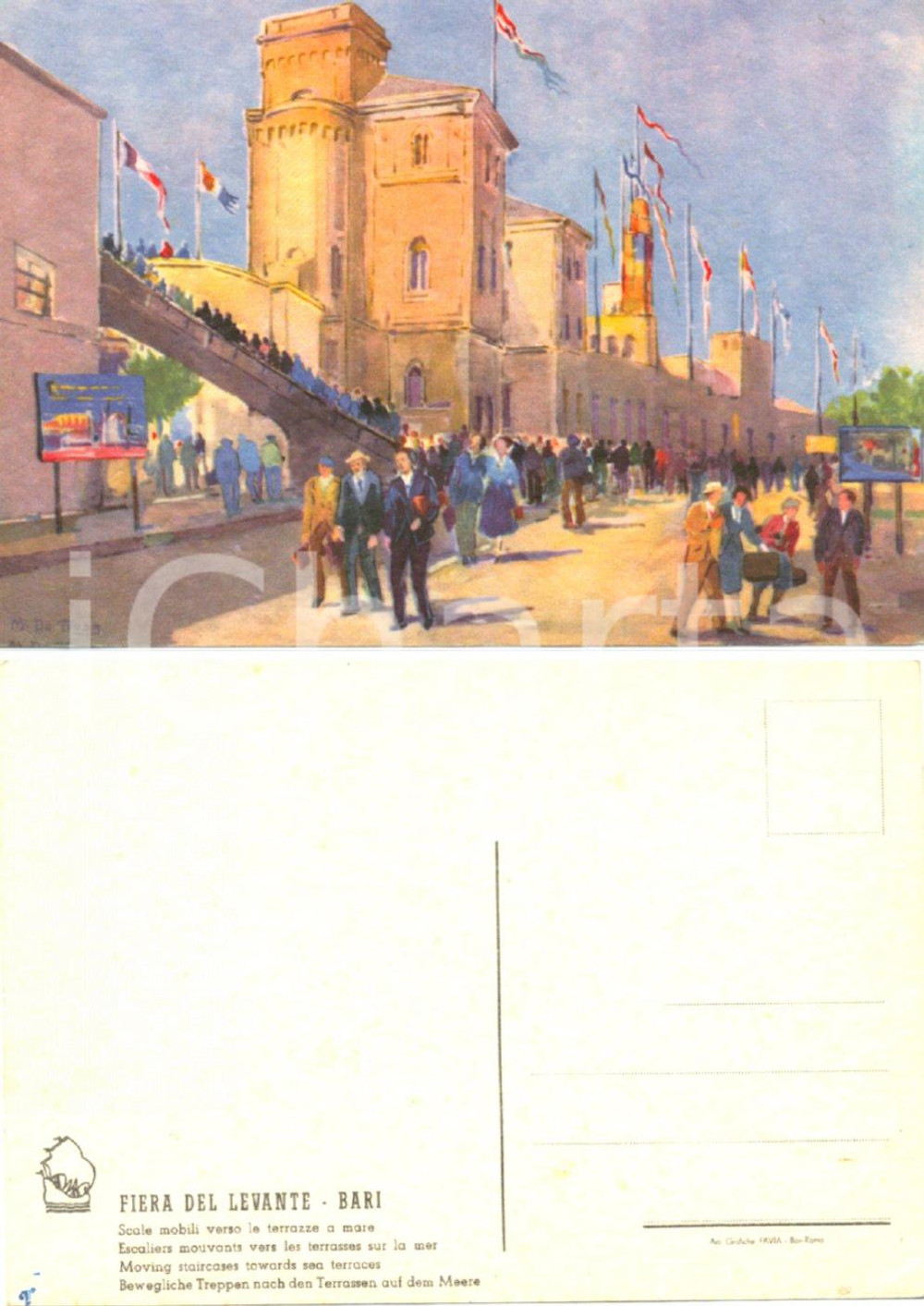 Cartolina originale da collezione 1945 ca FIERA DEL LEVANTE BARI Scale mobili TERRAZZA Cartolina FG NV ILLUSTRATA 1